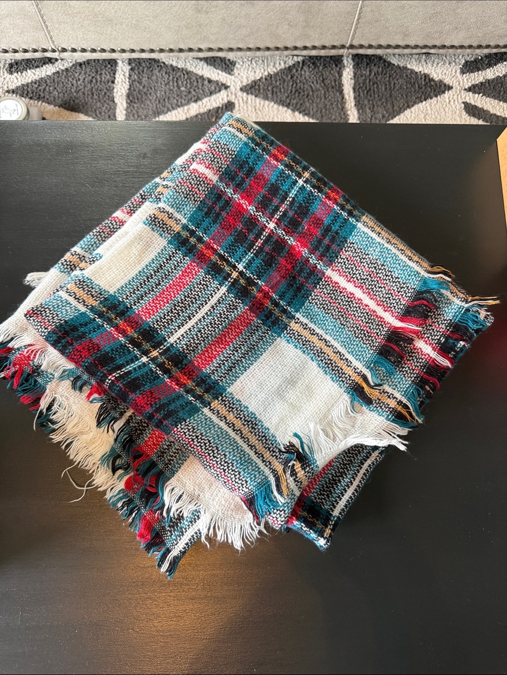 Plaid Fringe Blanket Scarf in Teal, Red & Cream